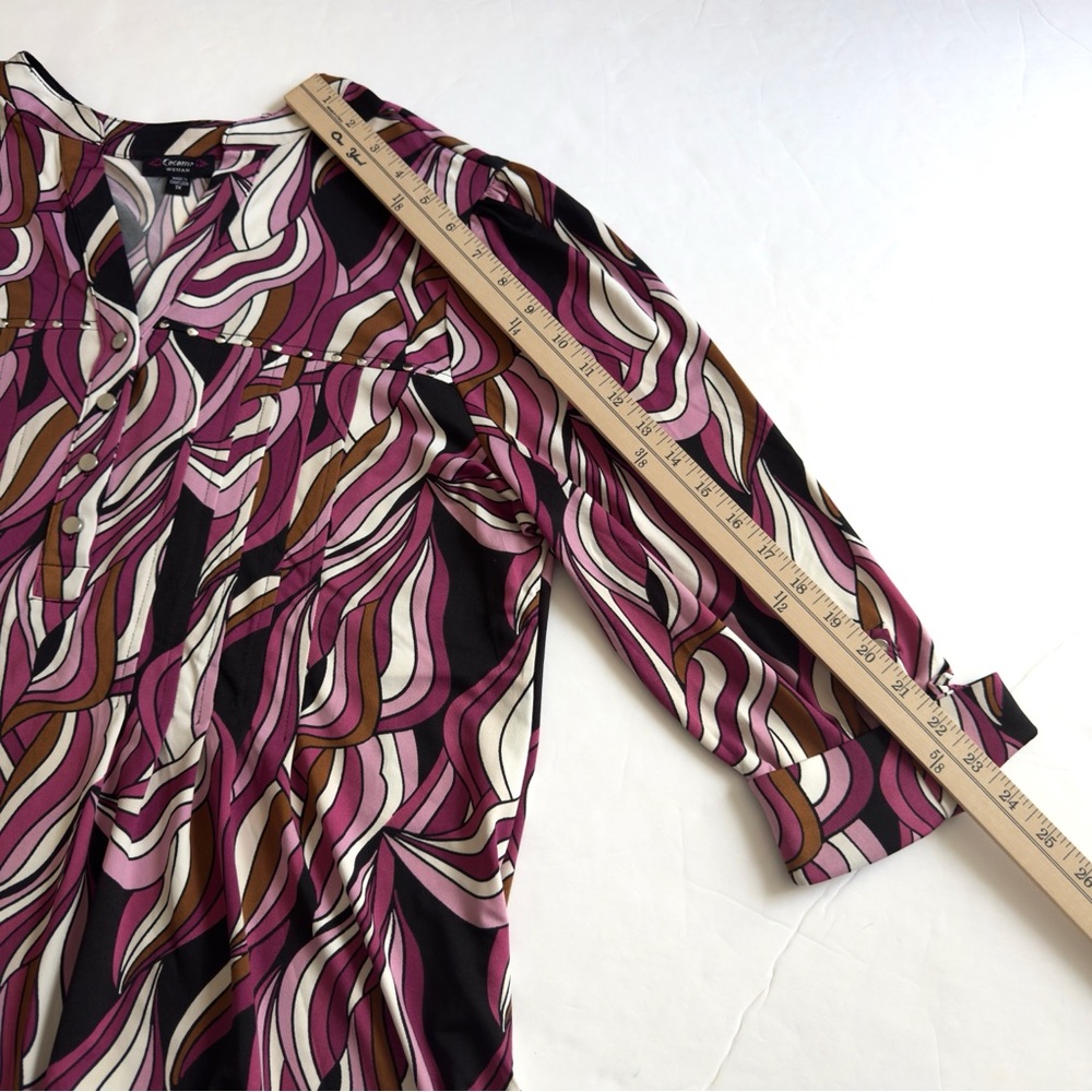 Cocomo Tunic Blouse Womens 1X Pink Black V Neck 3/4 Roll Tab Sleeve Swirl Hippie - Picture 10 of 11